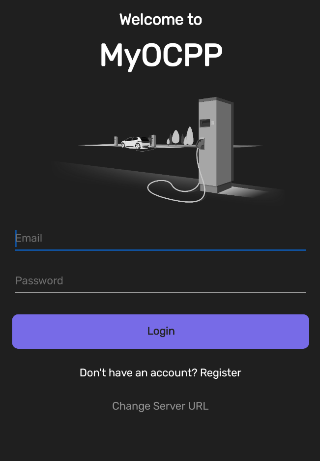 MyOCPP mobile — login screen with email/password fields