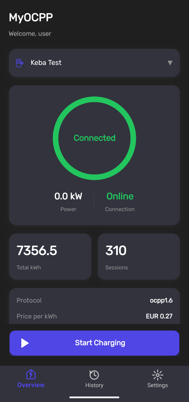 MyOCPP mobile — overview tab with station selector, live status, stats, and start/stop buttons