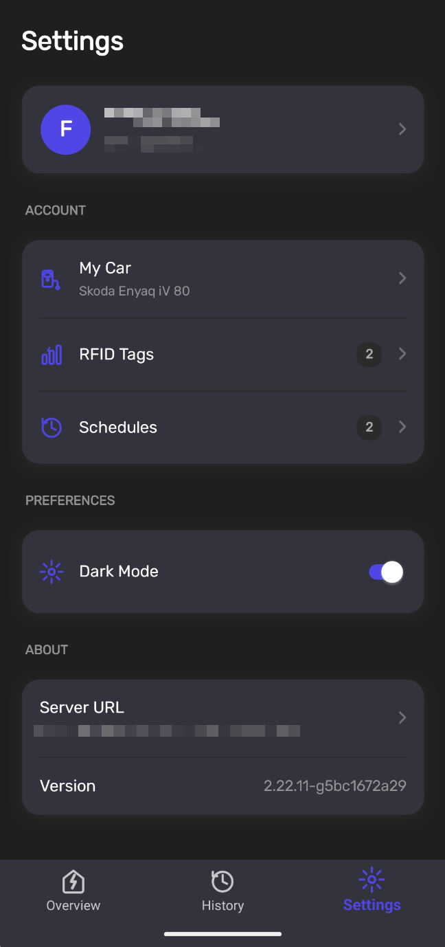 MyOCPP mobile — settings tab with profile card, account section, and preferences