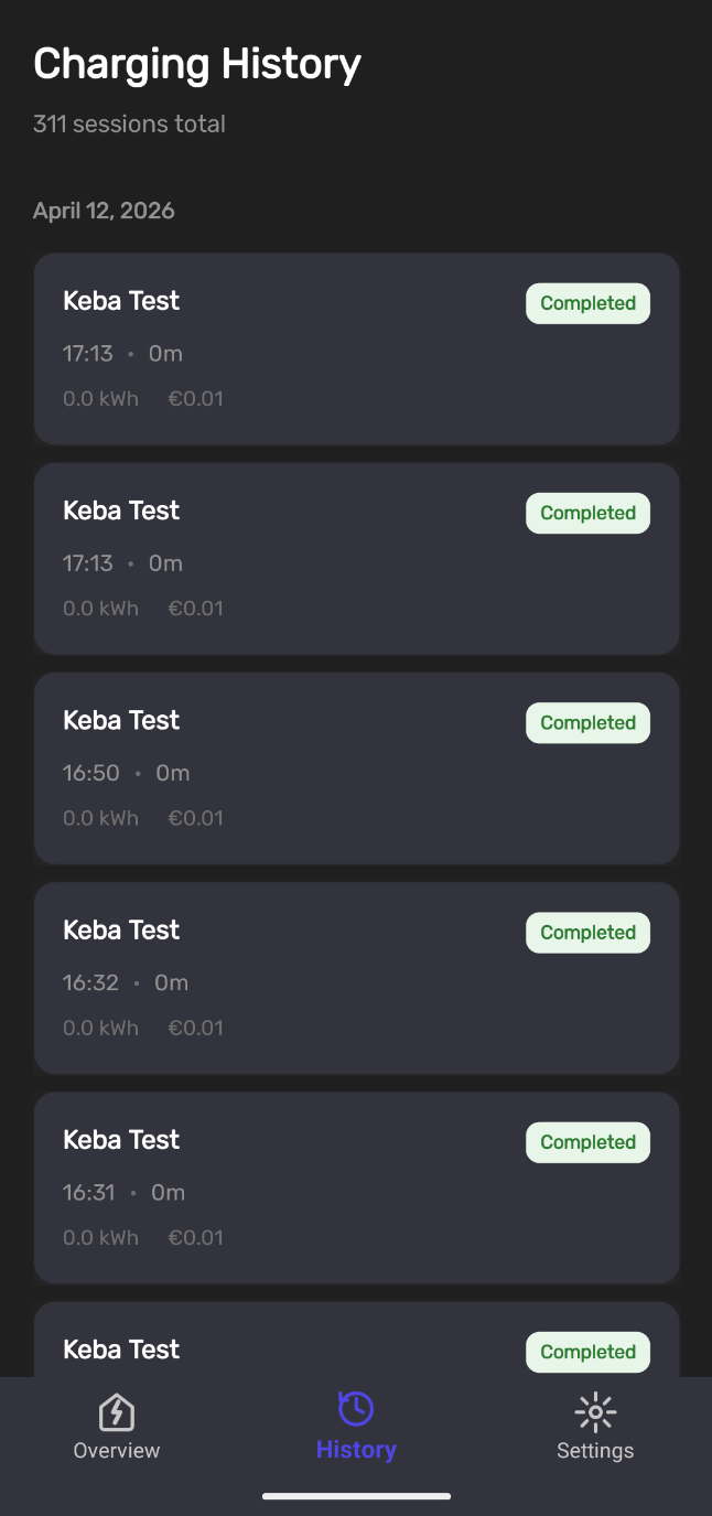 MyOCPP mobile — transaction history grouped by date with energy and cost per session