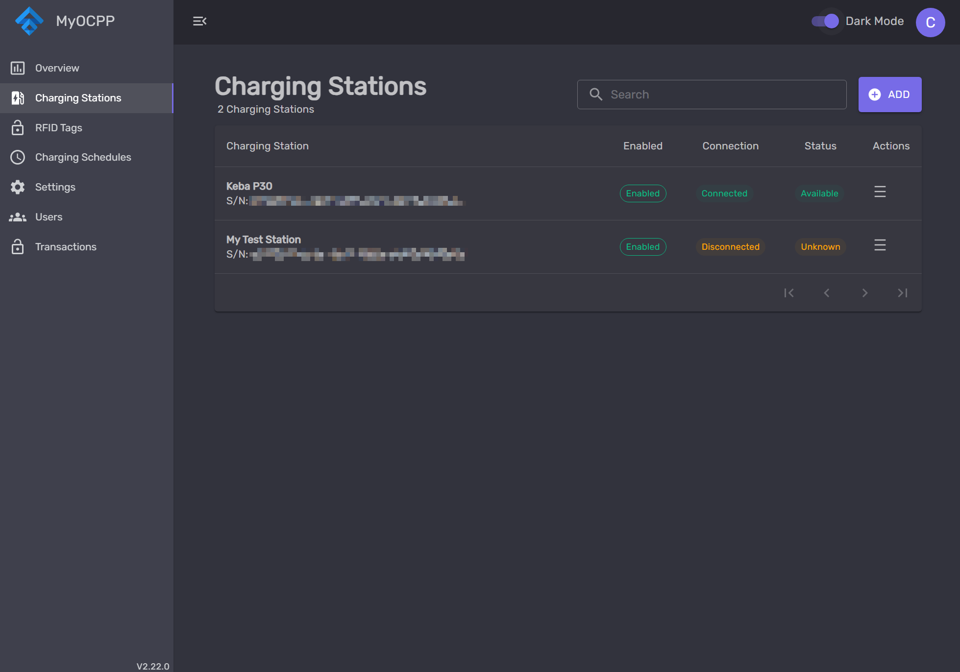 MyOCPP Charging Stations — table with live connection and OCPP status badges