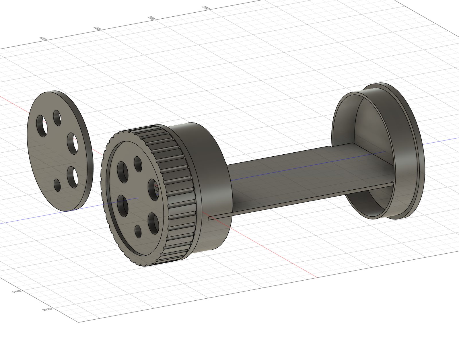 Four printed parts and one piece of pipe. It took five revisions to get to something this boring. The Fusion 360 model, exploded — lid, union ring, insert with divider, and floor