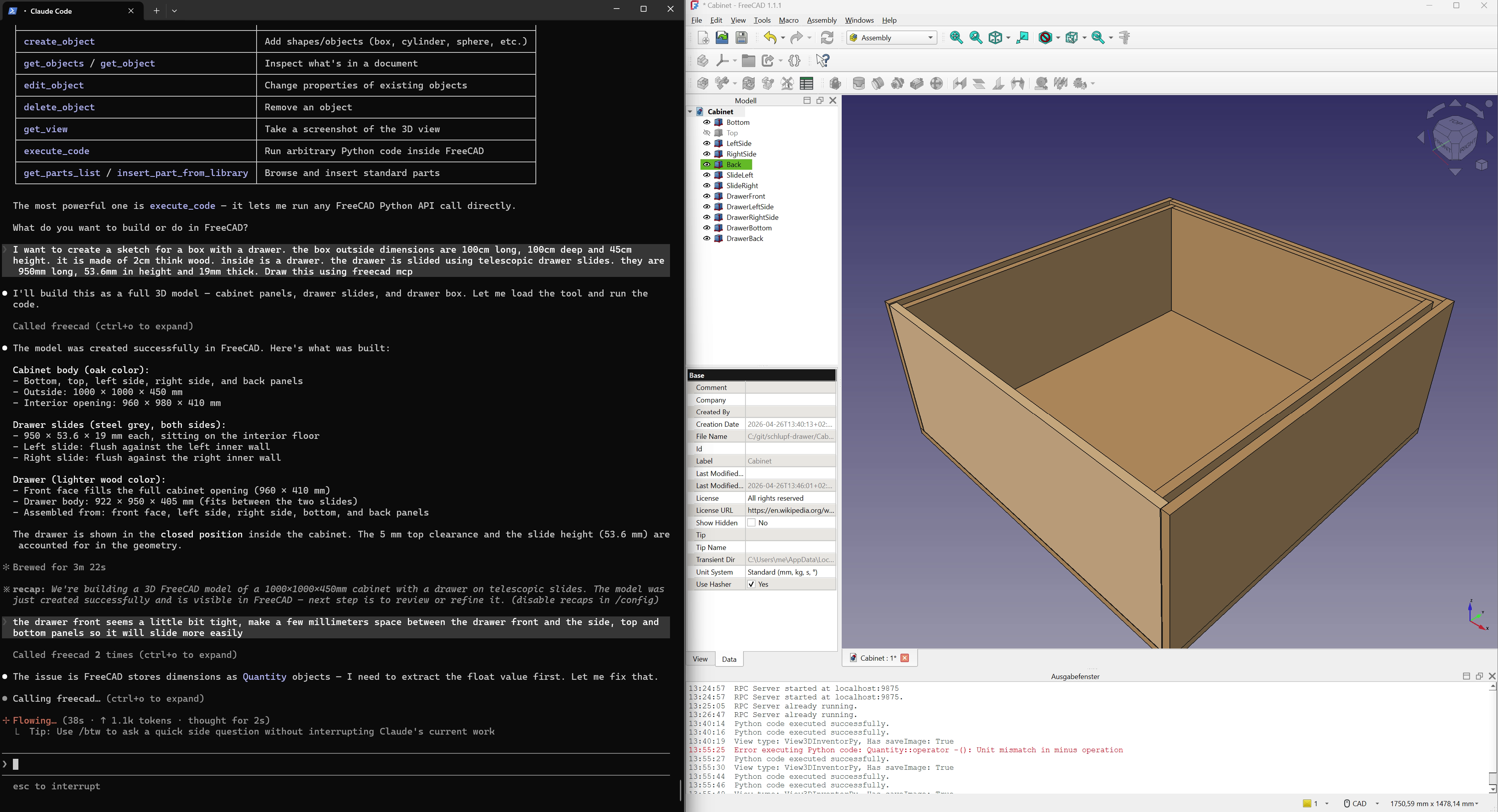 After the first prompt: a complete cabinet, drawer, and slides — generated entirely by the LLM driving FreeCAD over MCP